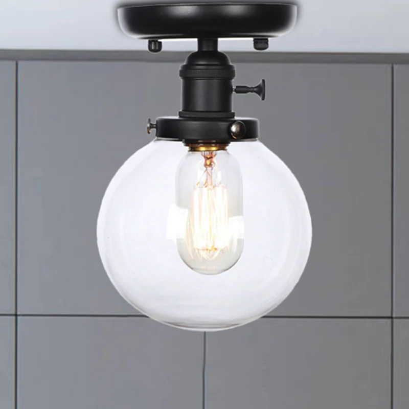 Zwart 1-lichts plafondmontage helder/amber glas industriële ronde/bol semi-inbouwlamp voor keuken Clearhalo