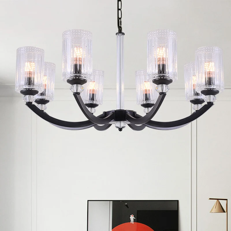 Zwart 5/6/8 licht kroonluchter lichtarmatuur traditionele helder getextureerde glazen cilinder hanglamp Clearhalo