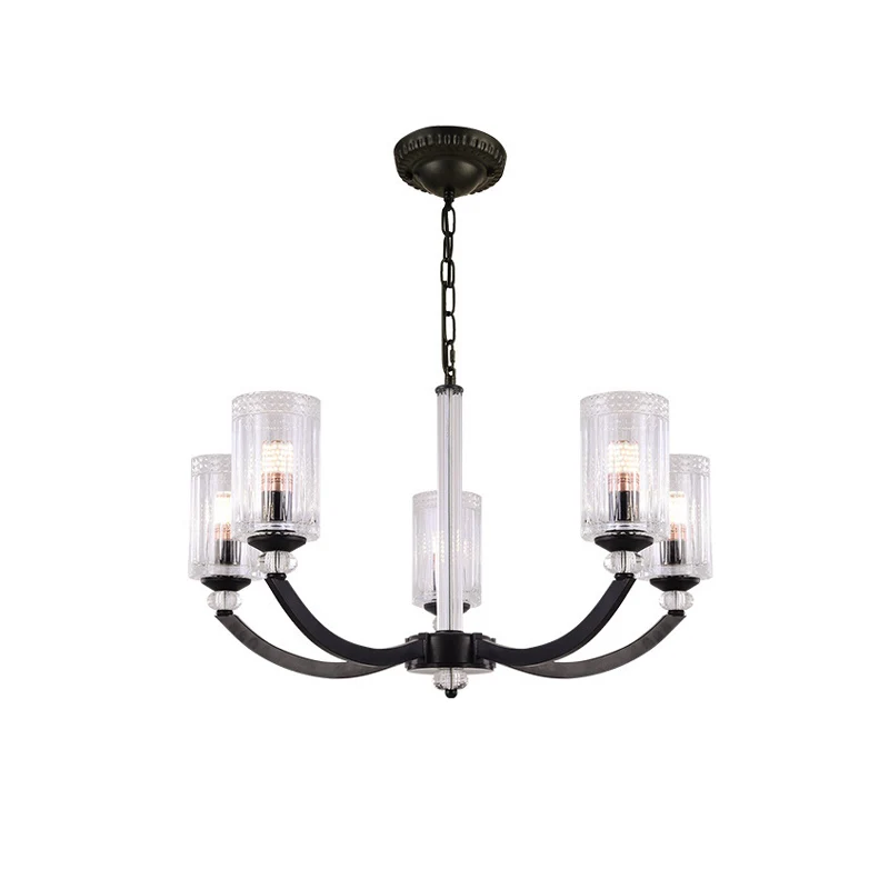 Zwart 5/6/8 licht kroonluchter lichtarmatuur traditionele helder getextureerde glazen cilinder hanglamp Clearhalo