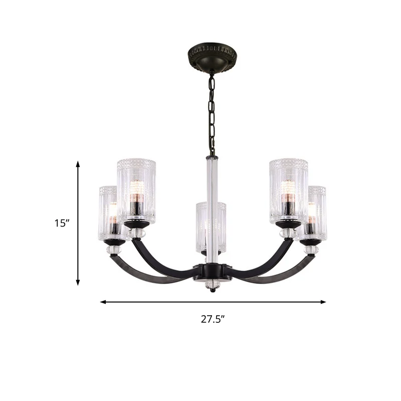Zwart 5/6/8 licht kroonluchter lichtarmatuur traditionele helder getextureerde glazen cilinder hanglamp Clearhalo