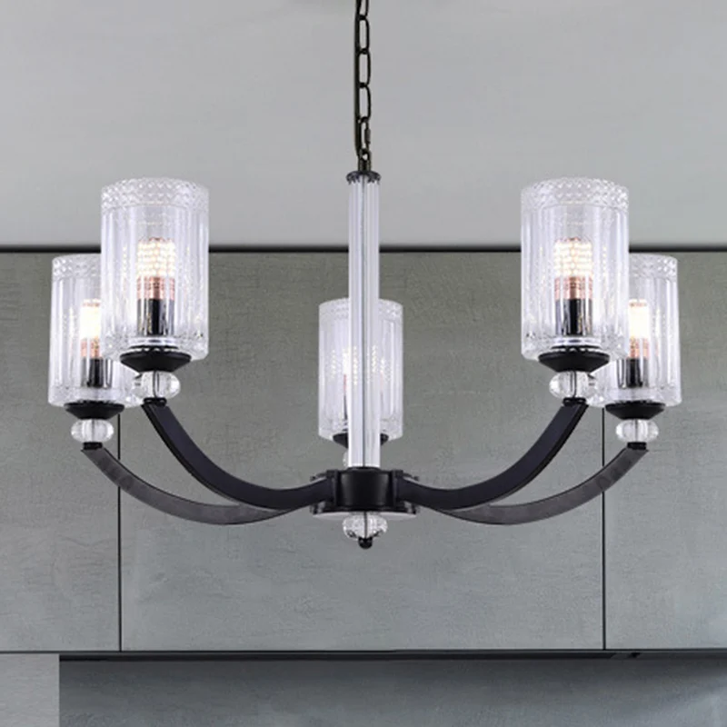 Zwart 5/6/8 licht kroonluchter lichtarmatuur traditionele helder getextureerde glazen cilinder hanglamp Clearhalo