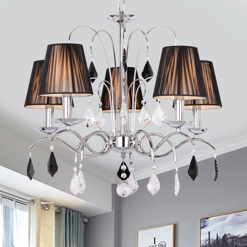 Zwart 5-lichts kroonluchter licht eigentijds geplooid stoffen tonscherm plafondlamp met gedraaide arm Clearhalo