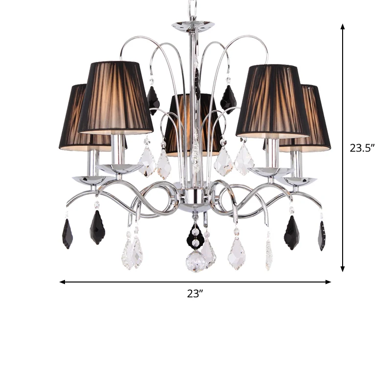 Zwart 5-lichts kroonluchter licht eigentijds geplooid stoffen tonscherm plafondlamp met gedraaide arm Clearhalo