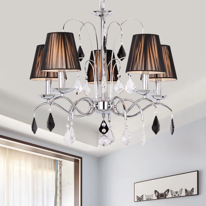 Zwart 5-lichts kroonluchter licht eigentijds geplooid stoffen tonscherm plafondlamp met gedraaide arm Clearhalo