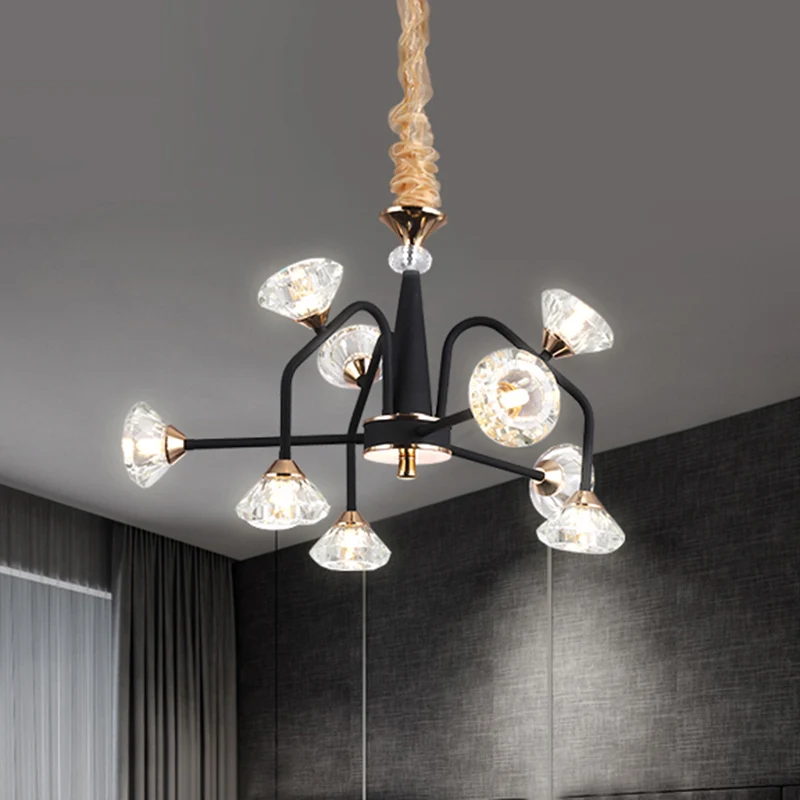 Zwart 9/12 lichten kroonluchter licht moderne piramide kristal gebogen arm hangende plafondlamp Clearhalo