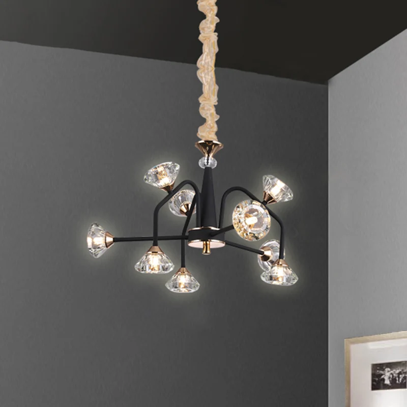 Zwart 9/12 lichten kroonluchter licht moderne piramide kristal gebogen arm hangende plafondlamp Clearhalo