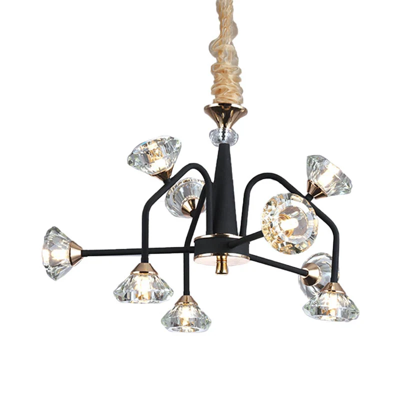 Zwart 9/12 lichten kroonluchter licht moderne piramide kristal gebogen arm hangende plafondlamp Clearhalo