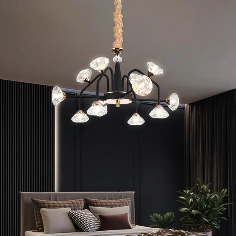 Zwart 9/12 lichten kroonluchter licht moderne piramide kristal gebogen arm hangende plafondlamp Clearhalo