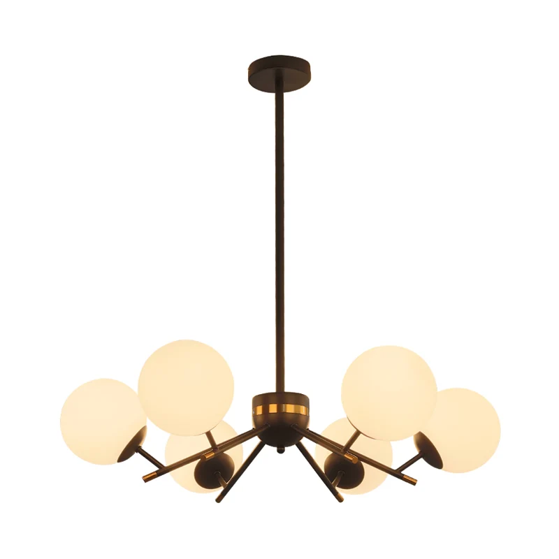 Zwart afgewerkte bal hangende kroonluchter modernisme 6 lampen wit matglas slingerlicht Clearhalo
