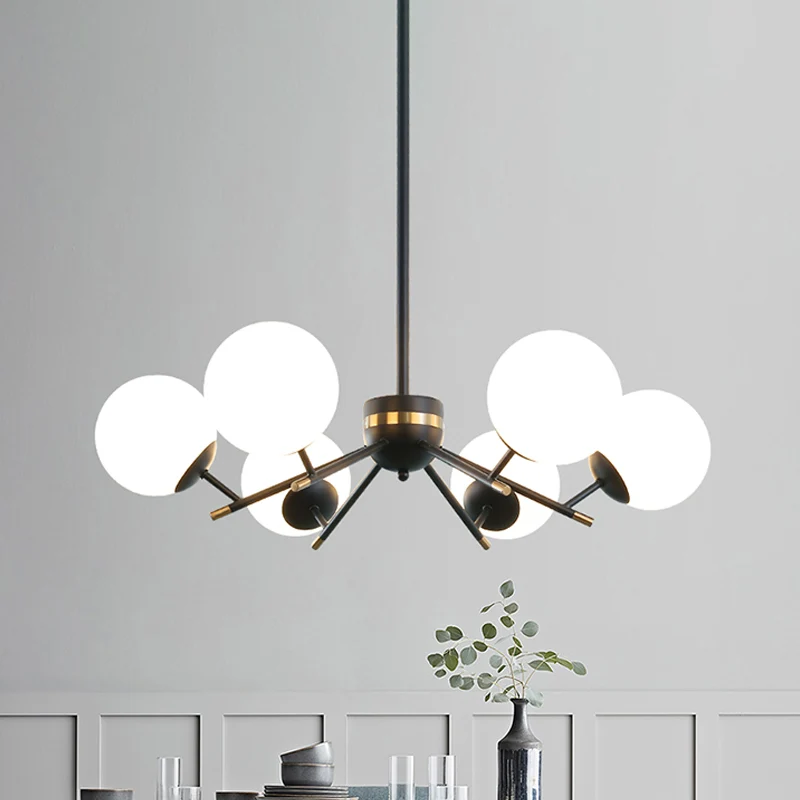 Zwart afgewerkte bal hangende kroonluchter modernisme 6 lampen wit matglas slingerlicht Clearhalo