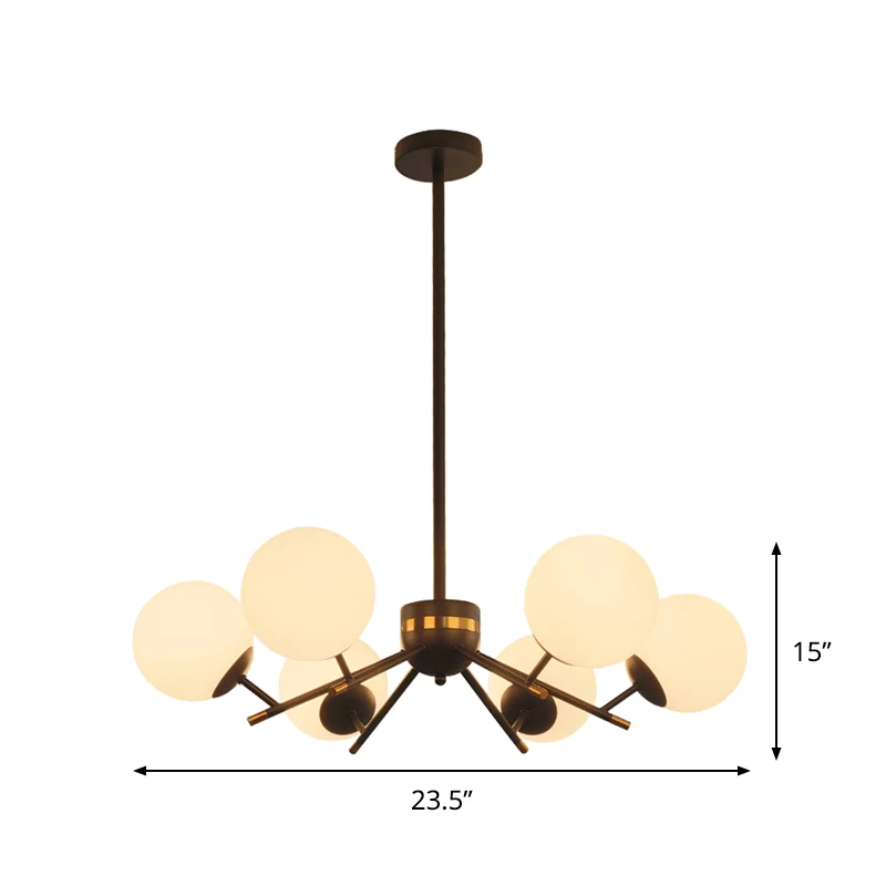 Zwart afgewerkte bal hangende kroonluchter modernisme 6 lampen wit matglas slingerlicht Clearhalo