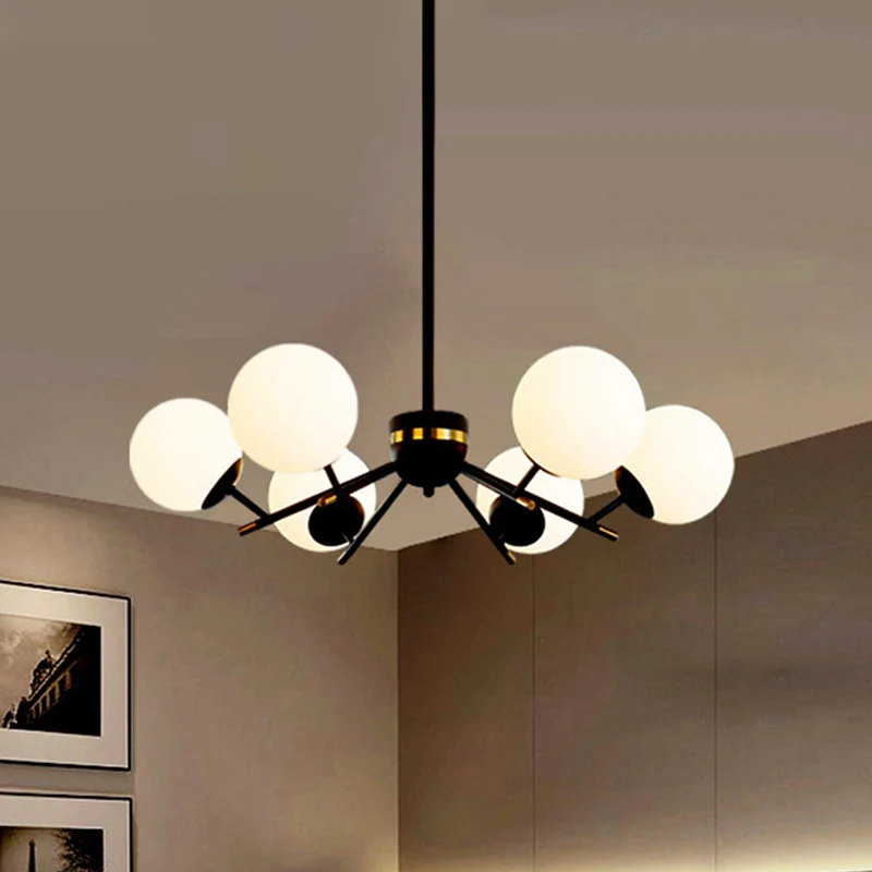 Zwart afgewerkte bal hangende kroonluchter modernisme 6 lampen wit matglas slingerlicht Clearhalo