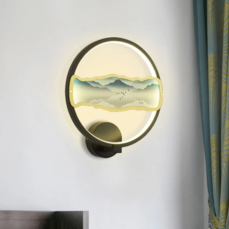 Zwart cirkelvormig bergpatroon muurschildering licht Azië stijl LED metallic wandverlichting idee, warm/wit licht Clearhalo