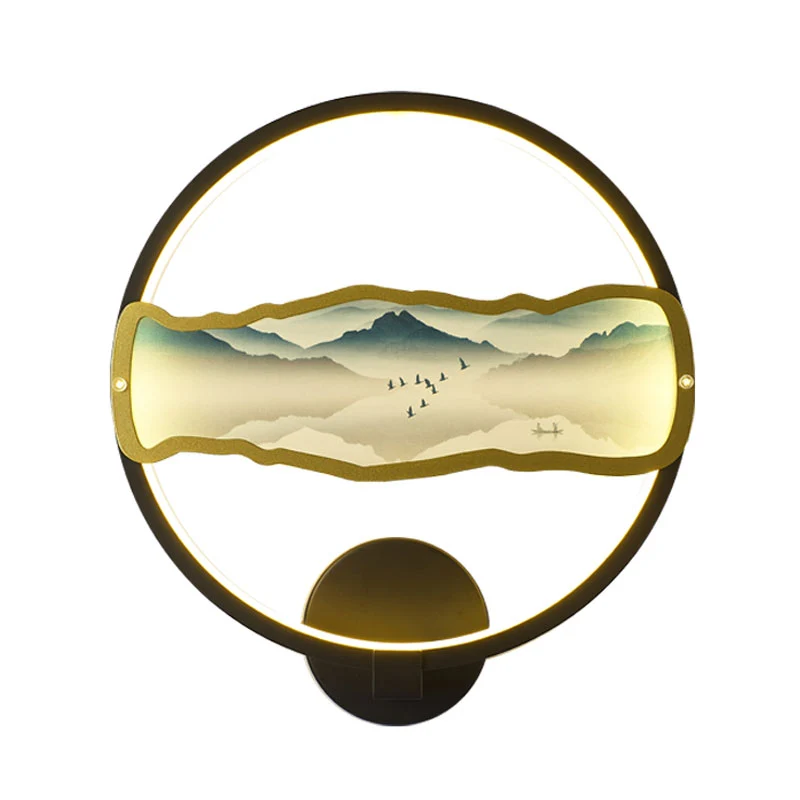 Zwart cirkelvormig bergpatroon muurschildering licht Azië stijl LED metallic wandverlichting idee, warm/wit licht Clearhalo