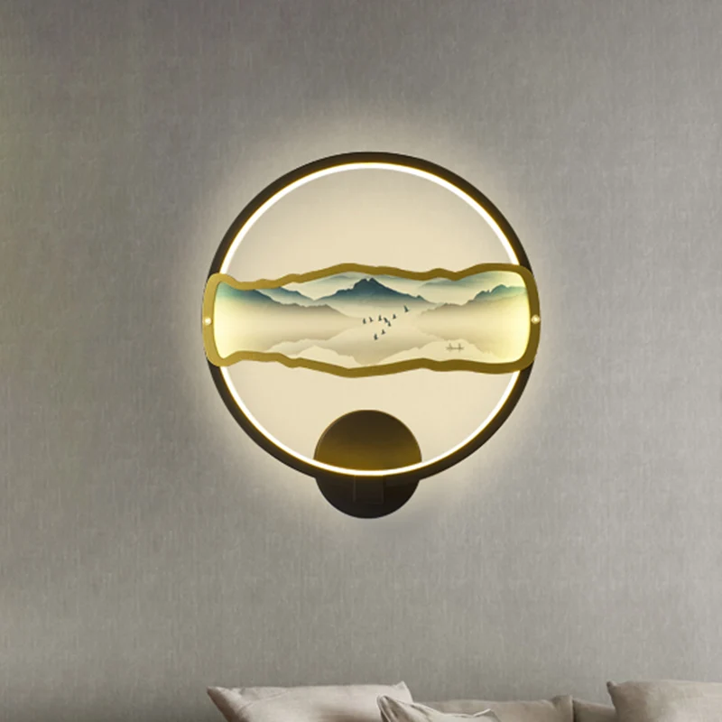 Zwart cirkelvormig bergpatroon muurschildering licht Azië stijl LED metallic wandverlichting idee, warm/wit licht Clearhalo