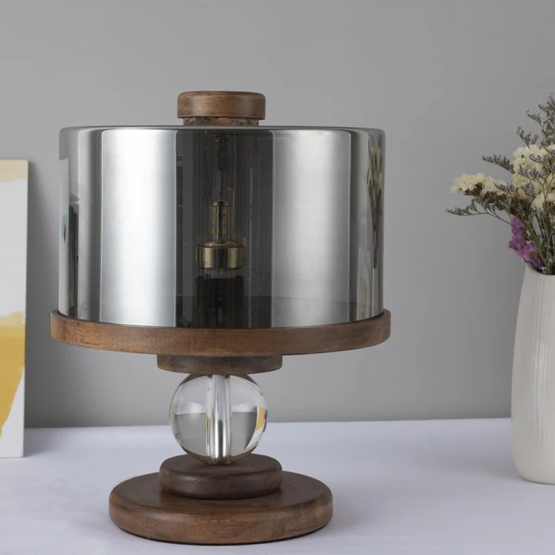 Zwart glazen drumtafelverlichting Moderne enkele lichtbruine houten nachtlamp voor woonkamer Clearhalo