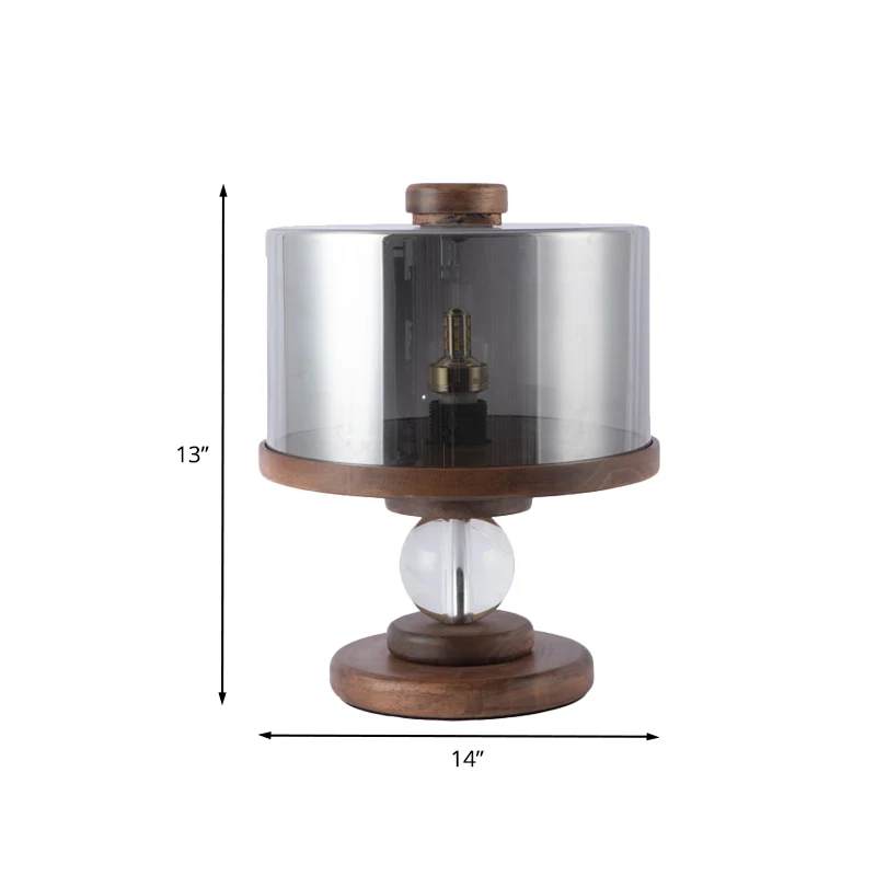 Zwart glazen drumtafelverlichting Moderne enkele lichtbruine houten nachtlamp voor woonkamer Clearhalo
