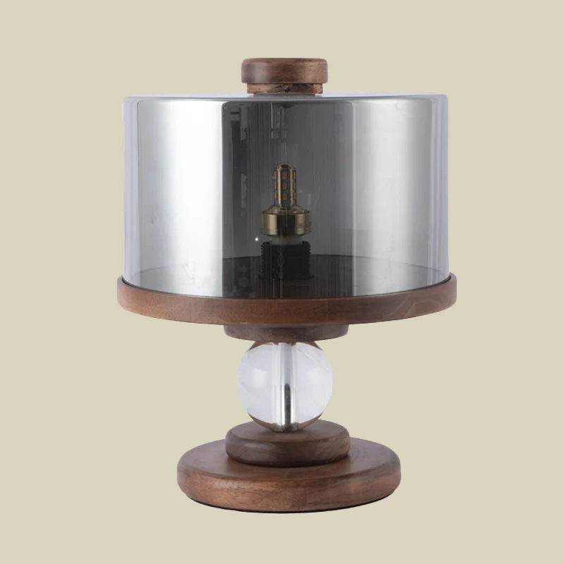 Zwart glazen drumtafelverlichting Moderne enkele lichtbruine houten nachtlamp voor woonkamer Clearhalo