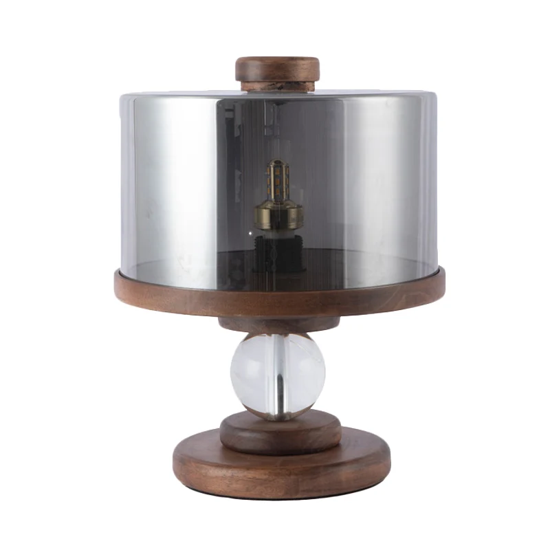 Zwart glazen drumtafelverlichting Moderne enkele lichtbruine houten nachtlamp voor woonkamer Clearhalo