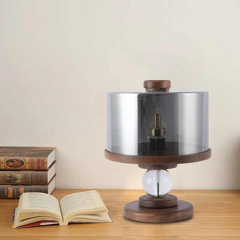 Zwart glazen drumtafelverlichting Moderne enkele lichtbruine houten nachtlamp voor woonkamer Clearhalo