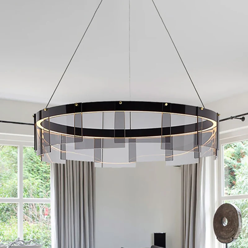 Zwart glazen paneel ring hanglamp moderne LED plafond hanglamp wit/warm licht Clearhalo