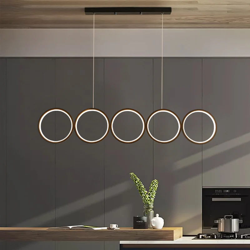 Zwart hangend eilandlicht met 5 ringen Eenvoudige metalen LED-plafondhanger boven tafel, warm/wit licht Clearhalo