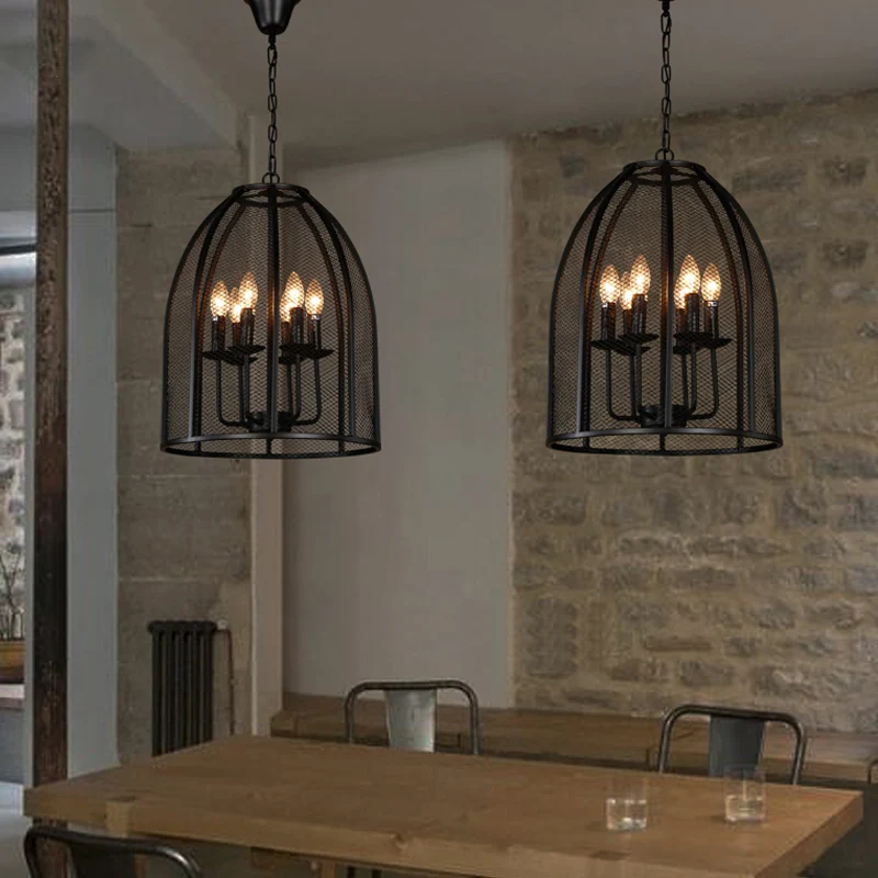 Zwart ijzeren gaas kroonluchterlamp traditioneel metaal 6 lampen woonkamer hanglamp Clearhalo