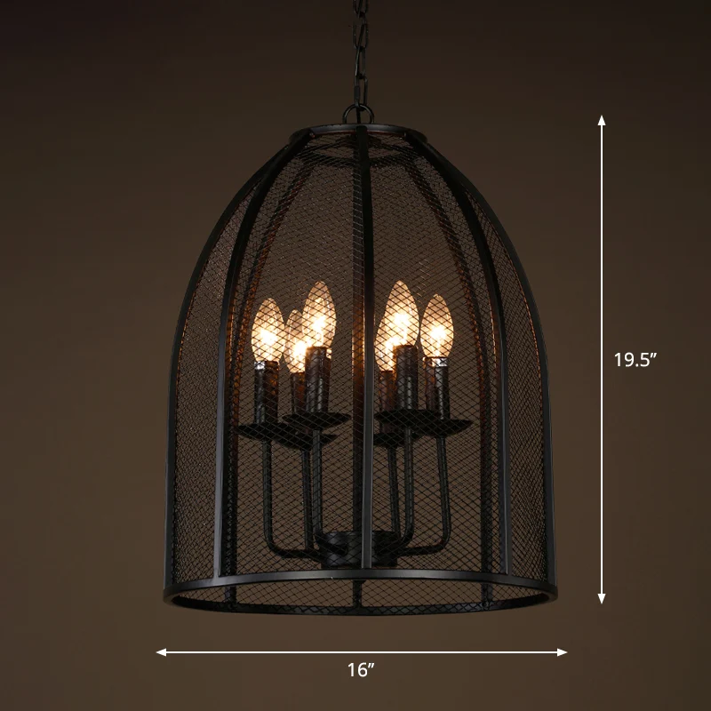 Zwart ijzeren gaas kroonluchterlamp traditioneel metaal 6 lampen woonkamer hanglamp Clearhalo