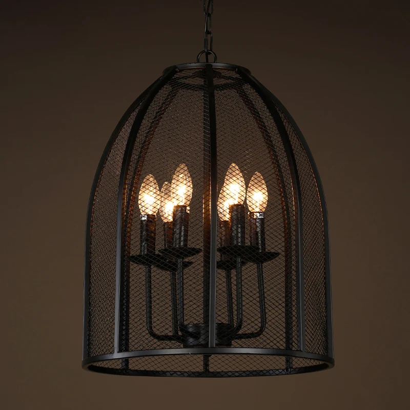 Zwart ijzeren gaas kroonluchterlamp traditioneel metaal 6 lampen woonkamer hanglamp Clearhalo