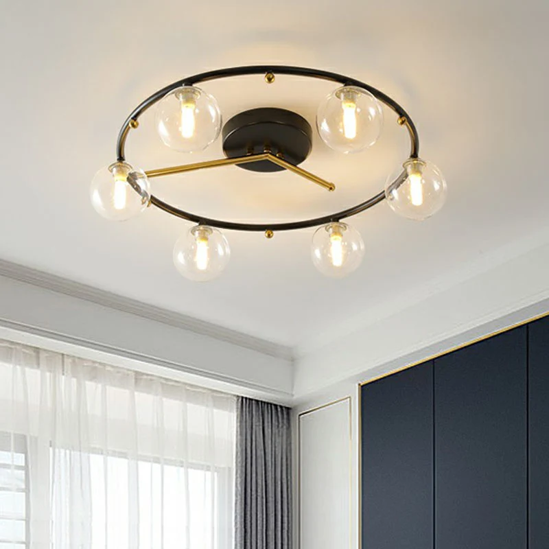 Zwart en koperen klokplafondlamp Postmodern Creatief 6-koppig kogelglas Semi-inbouwlamp Clearhalo