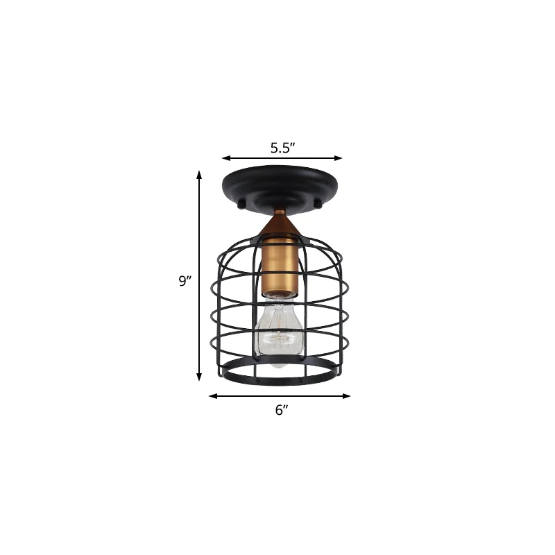 Zwart één licht plafondmontage industriële metalen cilinder semi-inbouwlamp met kooi voor gang Clearhalo