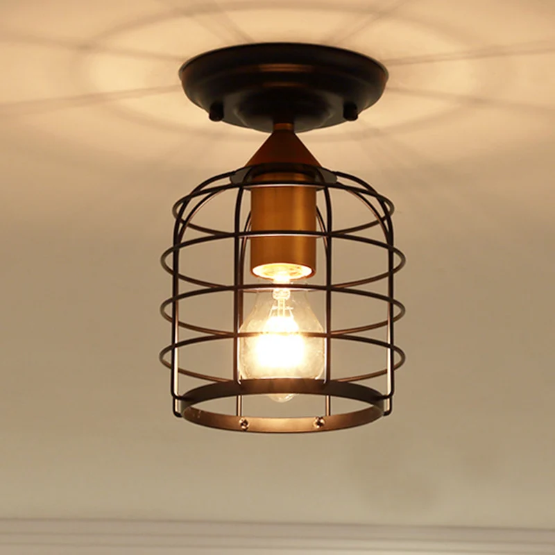 Zwart één licht plafondmontage industriële metalen cilinder semi-inbouwlamp met kooi voor gang Clearhalo