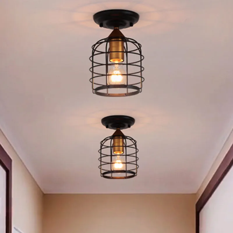 Zwart één licht plafondmontage industriële metalen cilinder semi-inbouwlamp met kooi voor gang Clearhalo