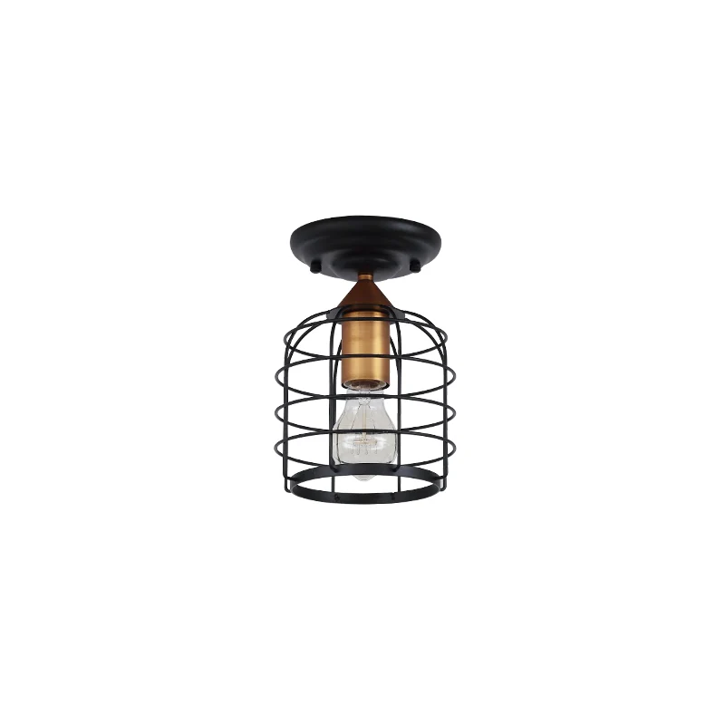 Zwart één licht plafondmontage industriële metalen cilinder semi-inbouwlamp met kooi voor gang Clearhalo