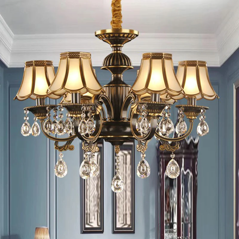 Zwart en messing geschulpte hanglamp Traditionele ondoorzichtige glazen eetkamerkroonluchter met kristallen decoratie Clea...