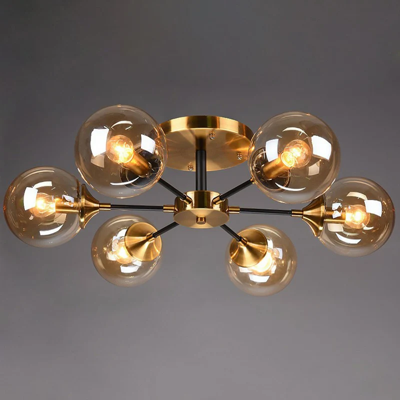 Zwart en messing radiaal inbouwverlichting postmoderne metalen semi-inbouwplafondlamp met bolglazen kap Clearhalo
