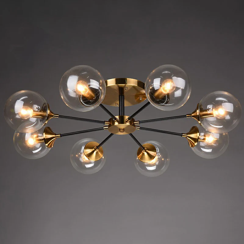 Zwart en messing radiaal inbouwverlichting postmoderne metalen semi-inbouwplafondlamp met bolglazen kap Clearhalo