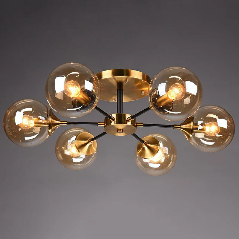 Zwart en messing radiaal inbouwverlichting postmoderne metalen semi-inbouwplafondlamp met bolglazen kap Clearhalo