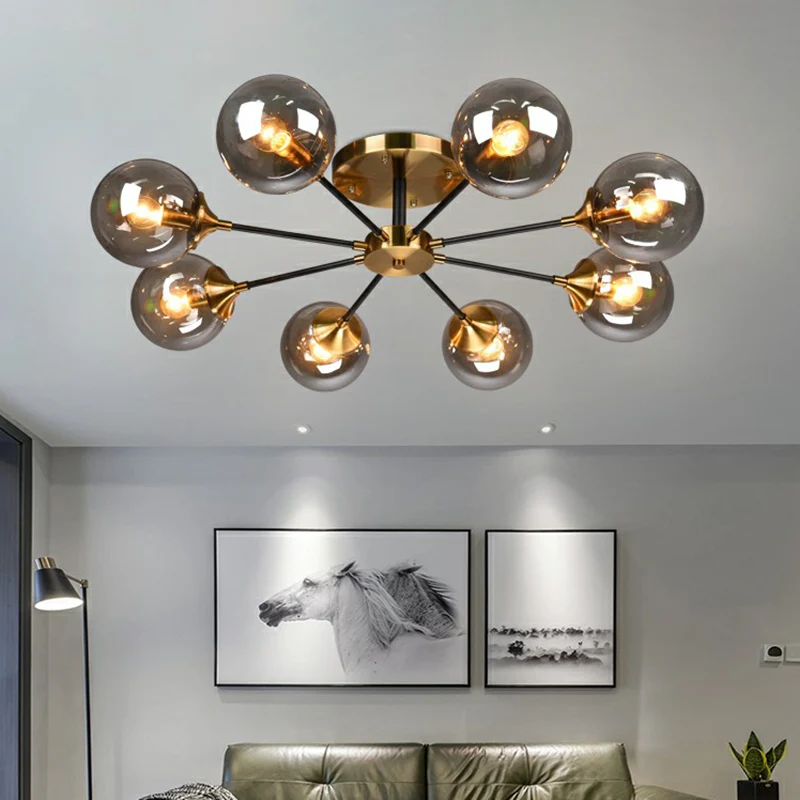 Zwart en messing radiaal inbouwverlichting postmoderne metalen semi-inbouwplafondlamp met bolglazen kap Clearhalo