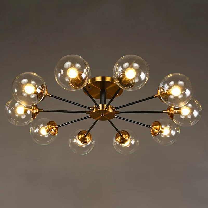 Zwart en messing radiaal inbouwverlichting postmoderne metalen semi-inbouwplafondlamp met bolglazen kap Clearhalo