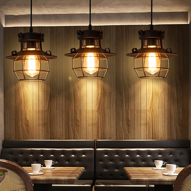 Zwart metalen 1-lichts hanglamp industriële retro draadkooi hanglamp voor restaurant Clearhalo