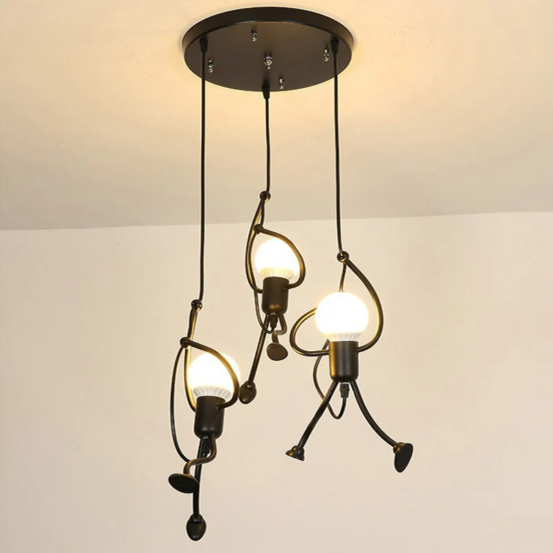 Zwart stokfiguur multi-plafondlamp Decoratief metalen hangend lichtarmatuur met 3 lampen Clearhalo