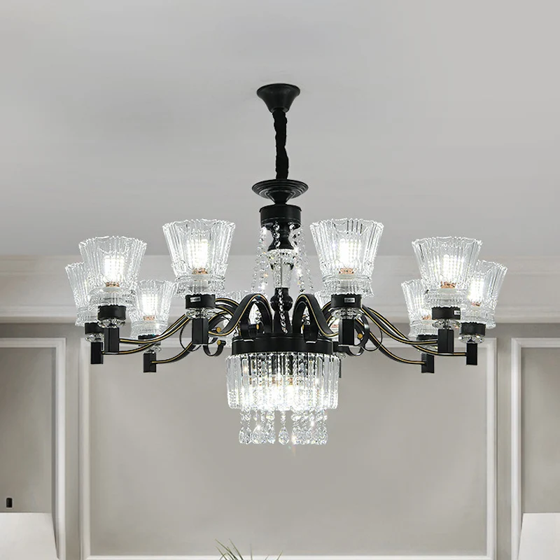 Zwart taps toelopend hangend plafondlicht Traditionele kristallen standaards 13 koppen Grote kamerkroonluchter Clearhalo