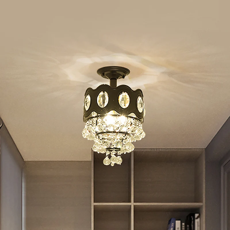 Zwart taps toelopend semi-flush minimalistisch 1/3/5-lamps kristallen bollen plafondgemonteerd armatuur voor gang Clearhalo
