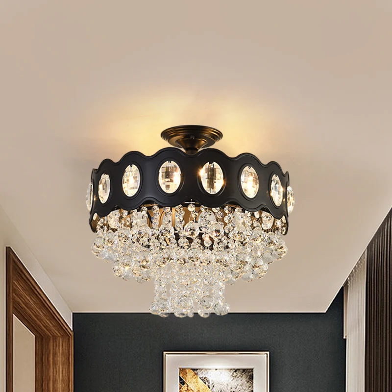 Zwart taps toelopend semi-flush minimalistisch 1/3/5-lamps kristallen bollen plafondgemonteerd armatuur voor gang Clearhalo