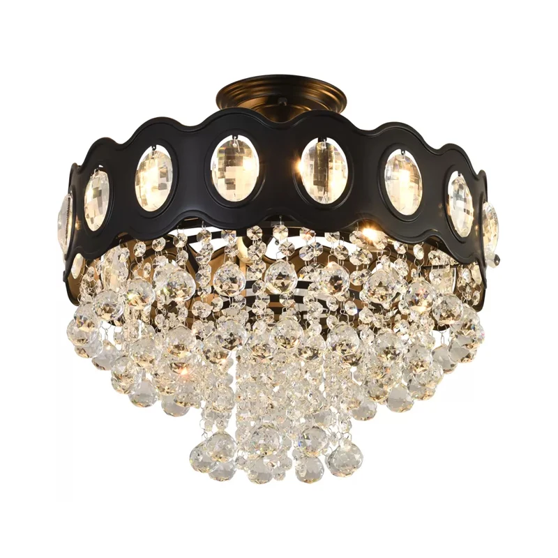 Zwart taps toelopend semi-flush minimalistisch 1/3/5-lamps kristallen bollen plafondgemonteerd armatuur voor gang Clearhalo