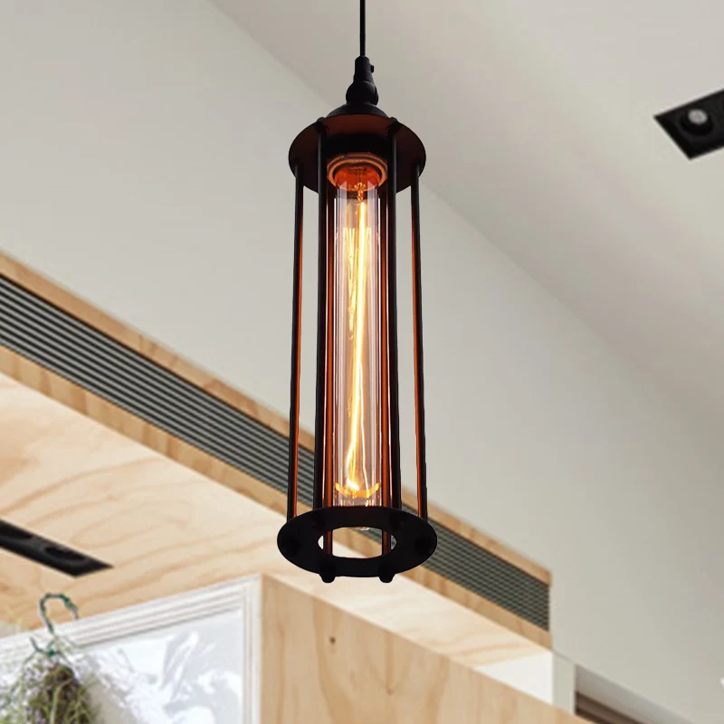 Zwart/brons cilinder hanglamp industrieel metaal 1-lichts slaapkamer hanglamp met kooikap Clearhalo