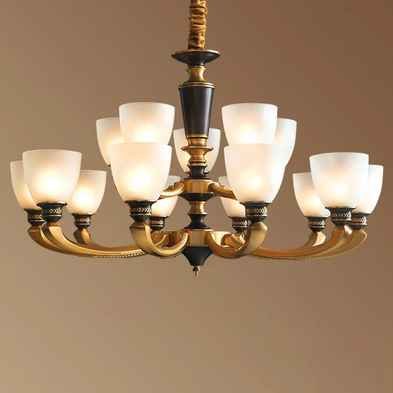 Zwart-bronzen hangende plafondlamp Traditionele matglazen belkroonluchter voor woonkamer Clearhalo