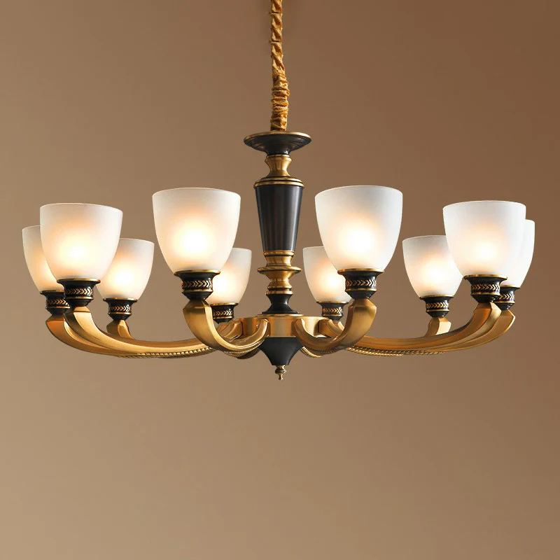 Zwart-bronzen hangende plafondlamp Traditionele matglazen belkroonluchter voor woonkamer Clearhalo