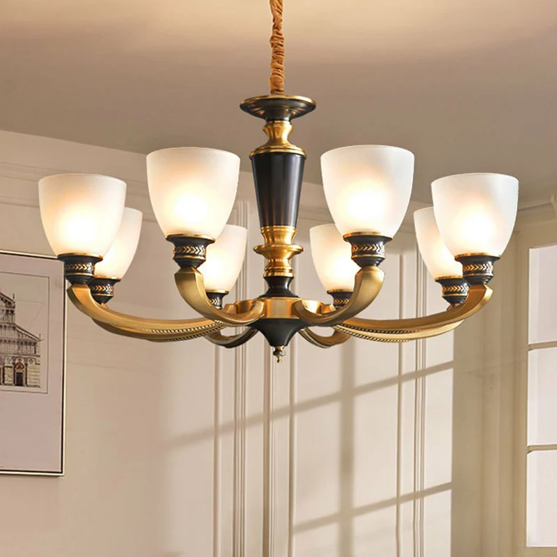 Zwart-bronzen hangende plafondlamp Traditionele matglazen belkroonluchter voor woonkamer Clearhalo